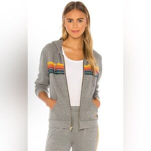 Aviator Nation 5 Stripe Zip Hoodie Size Small Heather Gray Rainbow